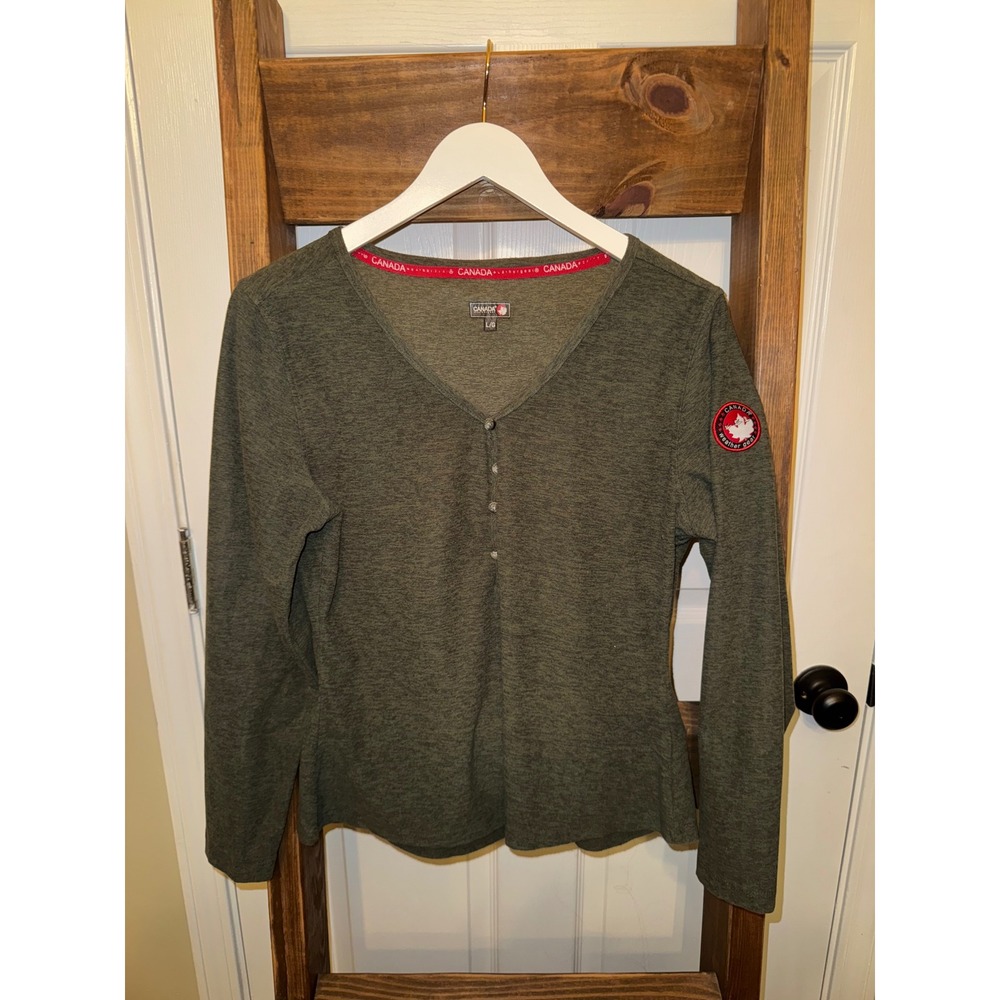 Canada Sportswear Women's Long Sleeve V Neck Henley Shirt Green L‎ G
